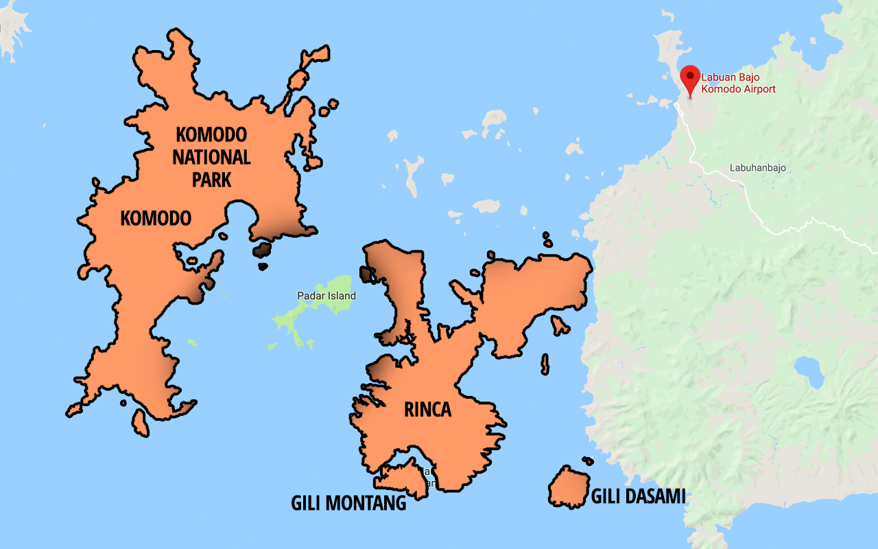 map of komodo island where you can see komodo dragons