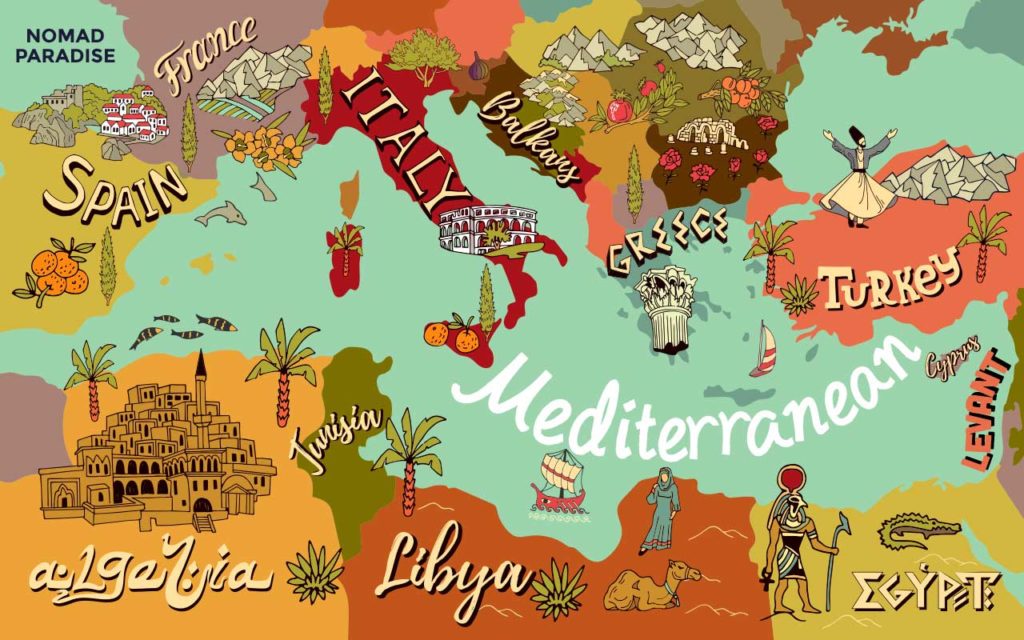 Mediterranean food map depicting the countries influencing mediterranean cuisine.