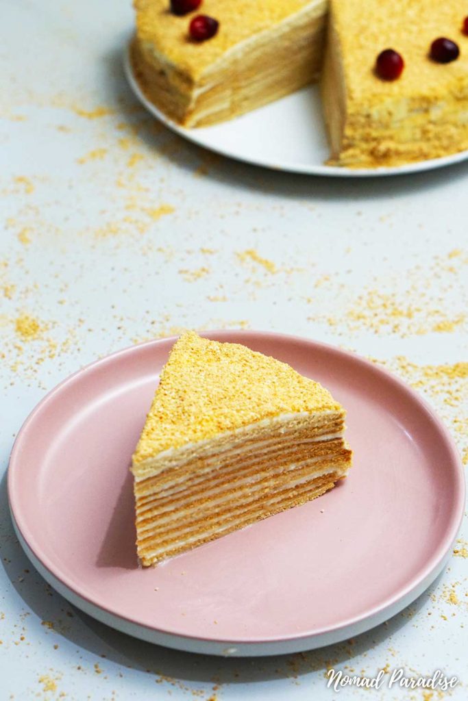 Russian Honey Cake (Medovik) slice with visible layers