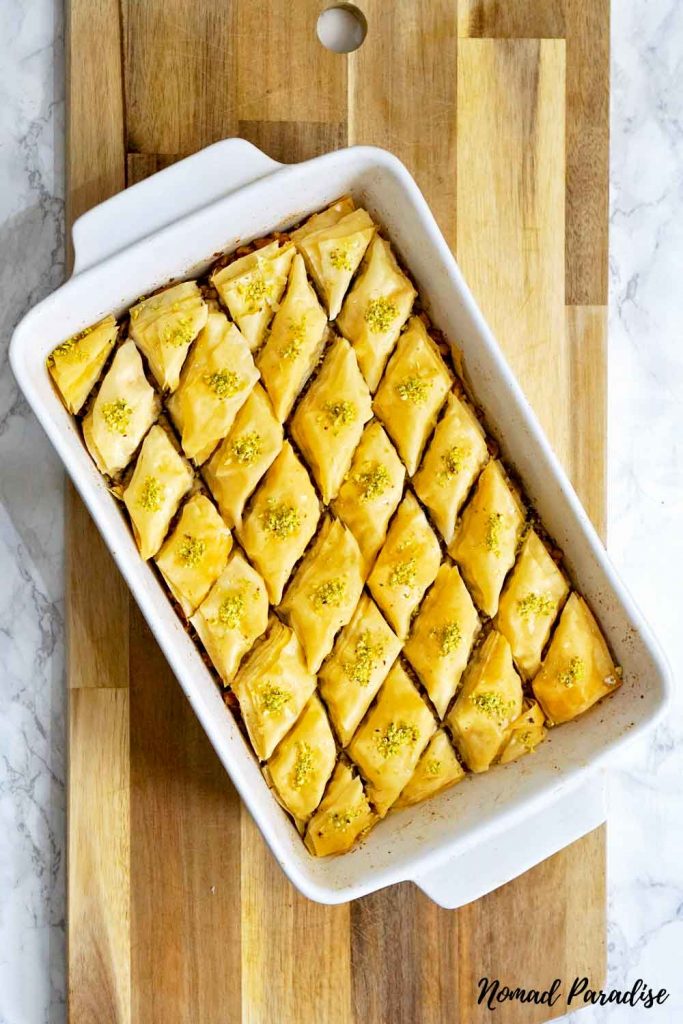 baklava topped with chopped pistachios