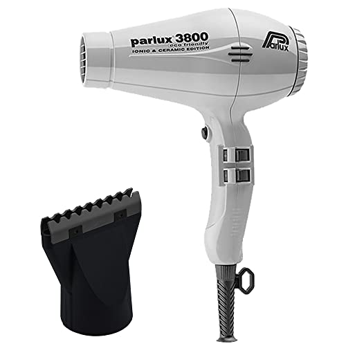 Parlux 3800 Eco Friendly Ionic and Ceramic Silver Hair Dryer and M Hair Designs Hot Blow Attachment Black (Bundle 2 Items)