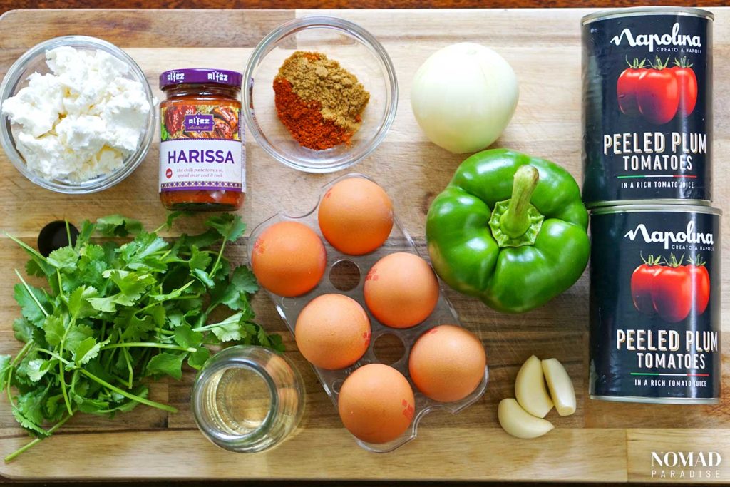 Shakshuka recipe ingredients on a board/