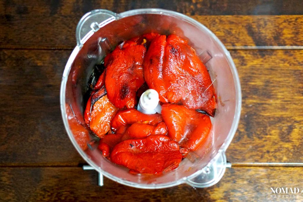 Muhammara recipe step by step (peeled roasted peppers in the food processor).