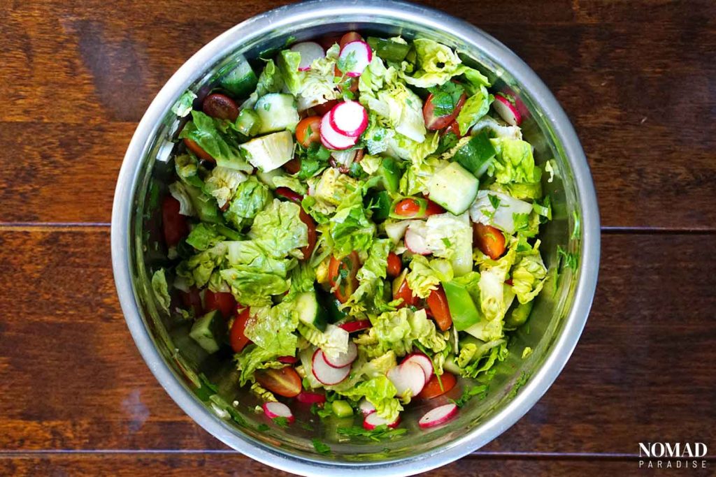 Fattoush Salad Step-by-Step (all the chopped veggies and herbs in a large bowl).