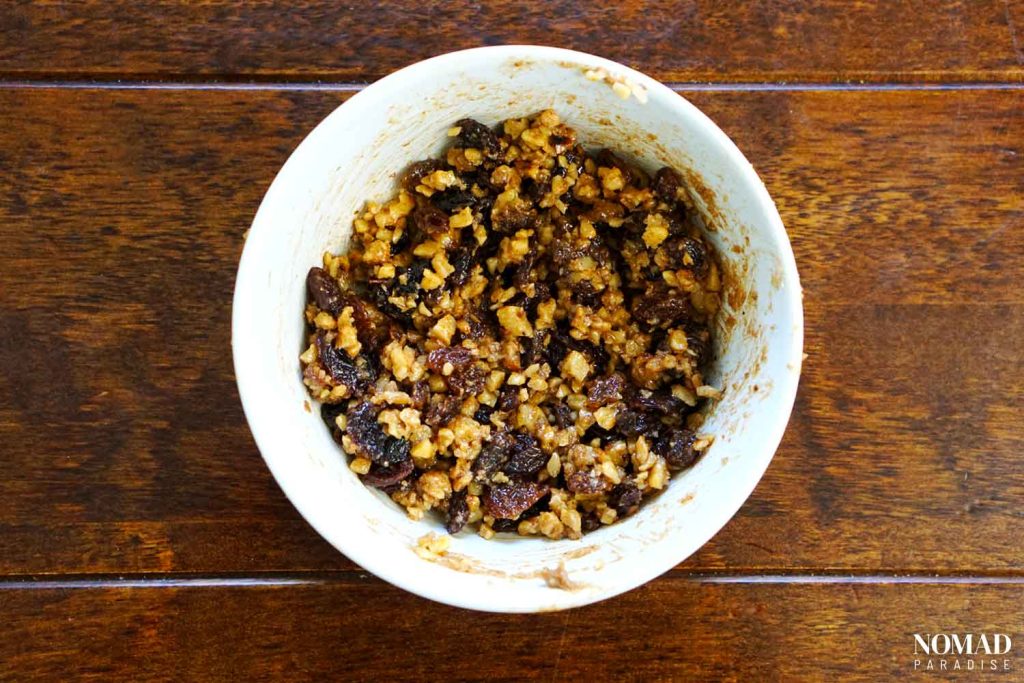 Butter-sugar-cinnamon paste mixed with raisins and chopped walnuts.