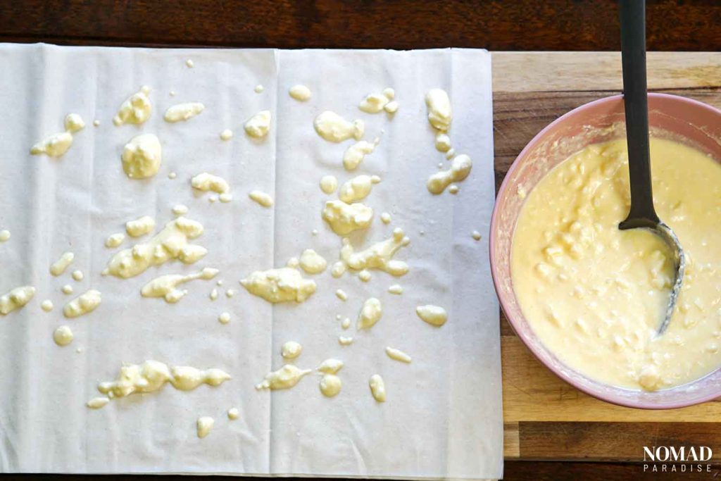 Banitsa Recipe Step by Step (assembling the filo sheets with the cheese mixture).