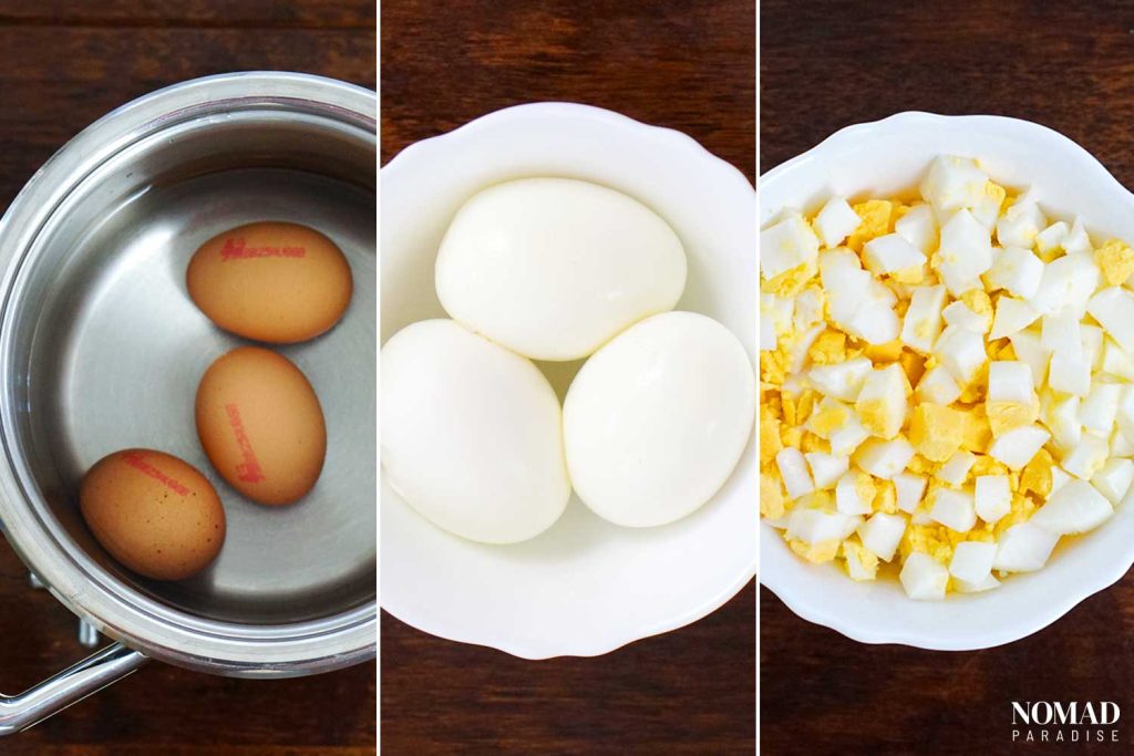 Okroshka recipe step-by-step (step 2 - boiling, peeling and chopping the eggs).