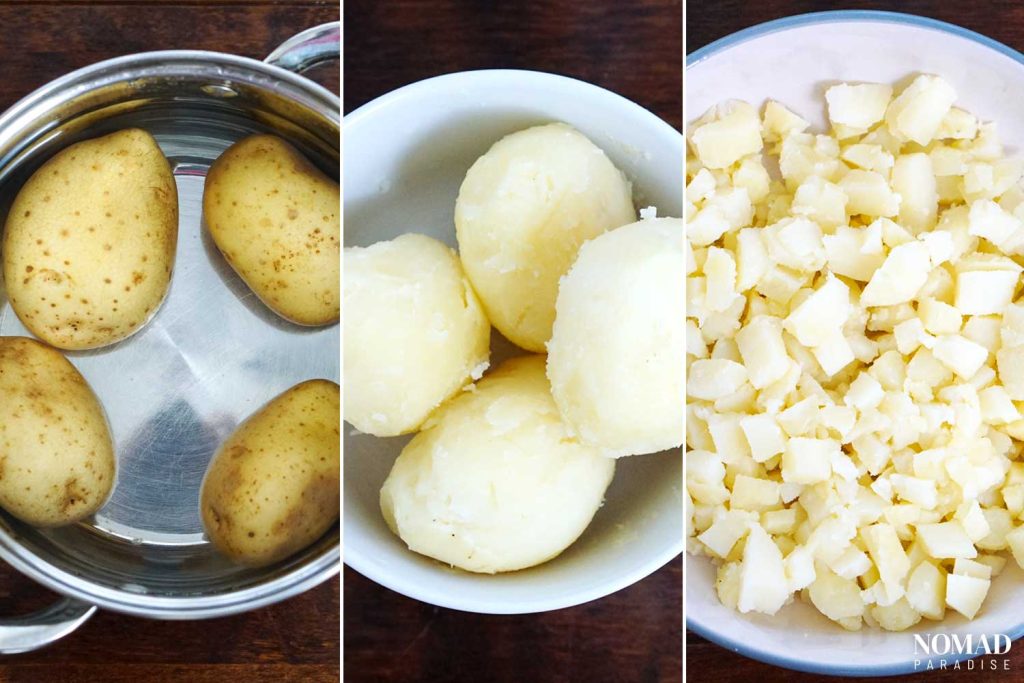 Okroshka recipe step-by-step (step 1 - boiling, peeling and chopping the potatoes).
