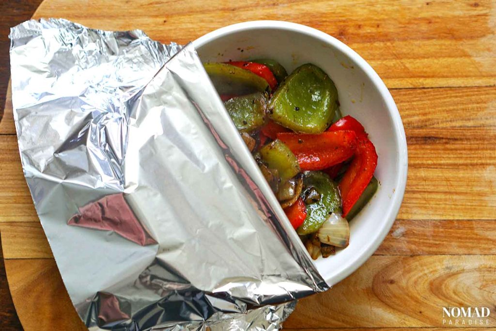 Pepper and Egg Sandwich step by step (setting aside the veggies and covering them with foil)