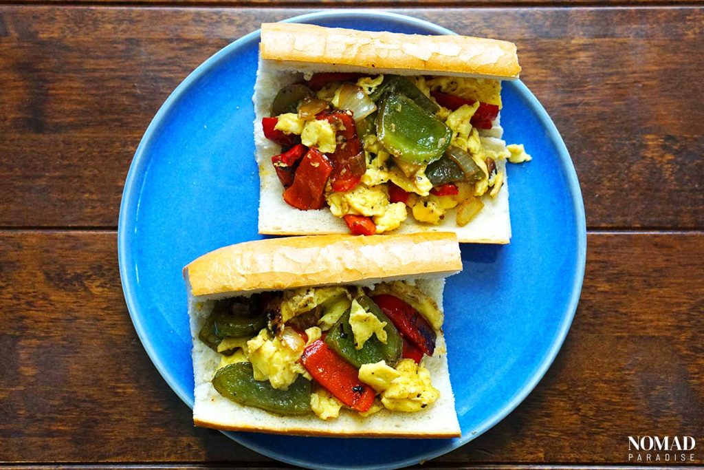 Pepper and Egg Sandwich step by step (adding the scrambled eggs and peppers).