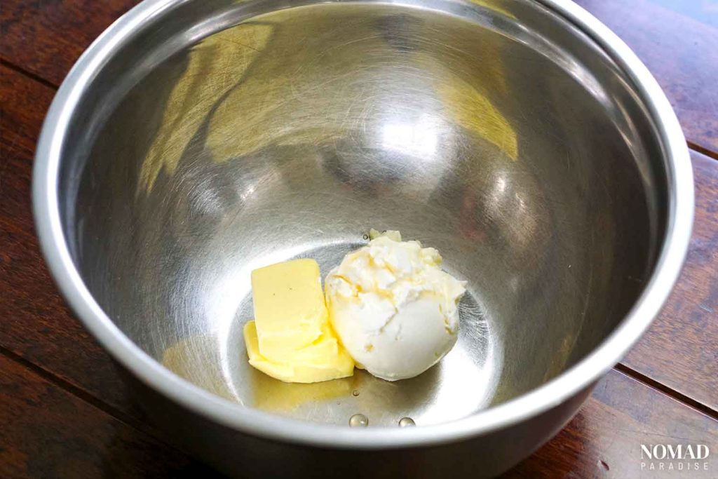 Irish potato candy step by step (softened butter, cream cheese and vanilla in a mixing bowl).