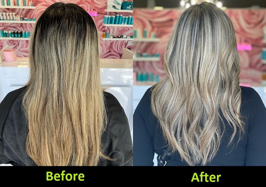 before and after using blue shampoo on blonde hair