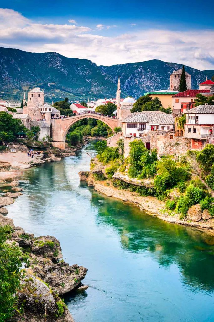 Bosnia and Herzegovina travel: Mostar. The Old Bridge, Stari Most by the river Neretva.