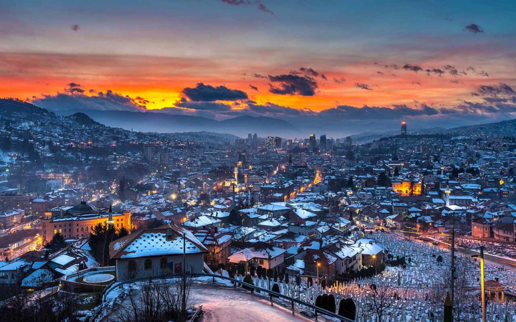 Sarajevo, Bosnia and Herzegovina, skyline panoramic view in winter with snow at sunset.