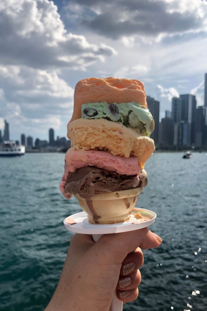 Rainbow cone on the background of Chicago high-rises
