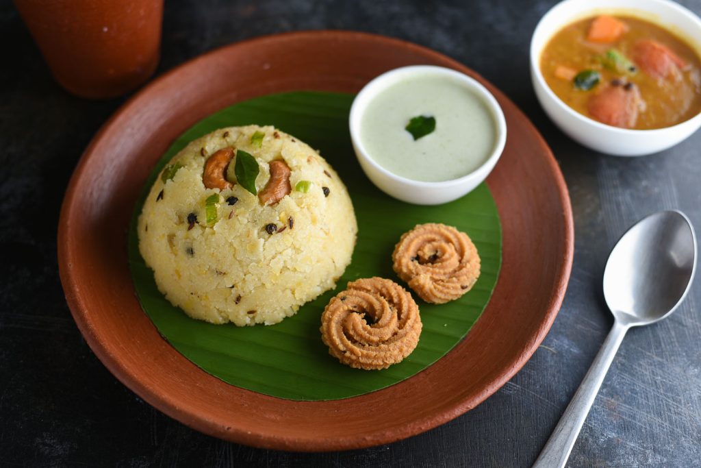 Pongal with sambar and chutney.