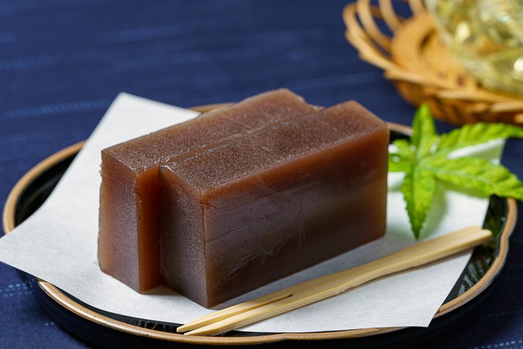 Two rectangular slices of Yokan (Confection Made from Sweet Bean Paste) on a plate.