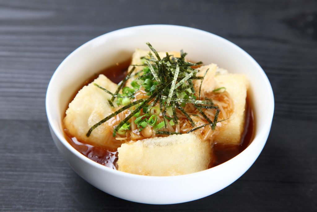 A bowl of agedashi tofu (deep-fried tofu with tentsuyu broth).
