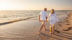 A senior couple is strolling along the beach.