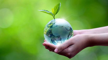 Earth Day concept art of the globe sprouting a plant while held in a child's hands