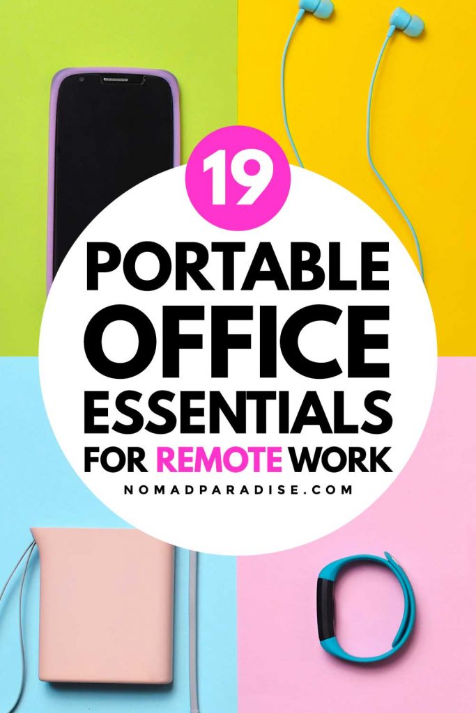 19 Portable Office Essentials for Remote Work (pin featuring some gadgets).