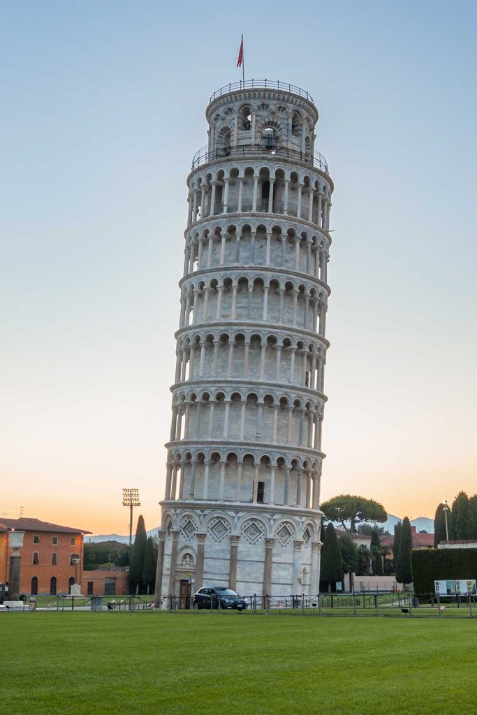 Leaning Tower of Pisa at sunrise.