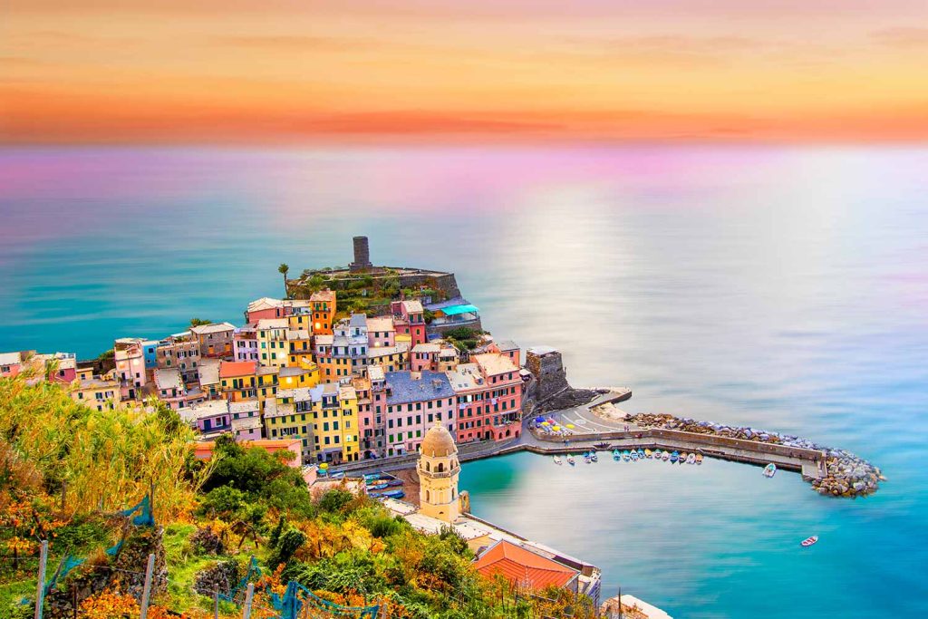 Vernazza in Cinque Terre at sunset.