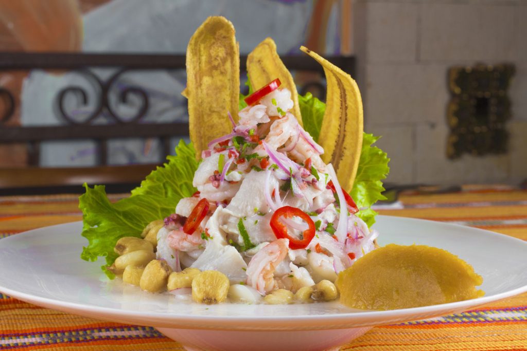 Ceviche served with various garnishes, including plantain slices on a dinner plate.
