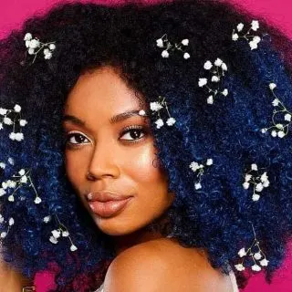 curly hair with blue highlights