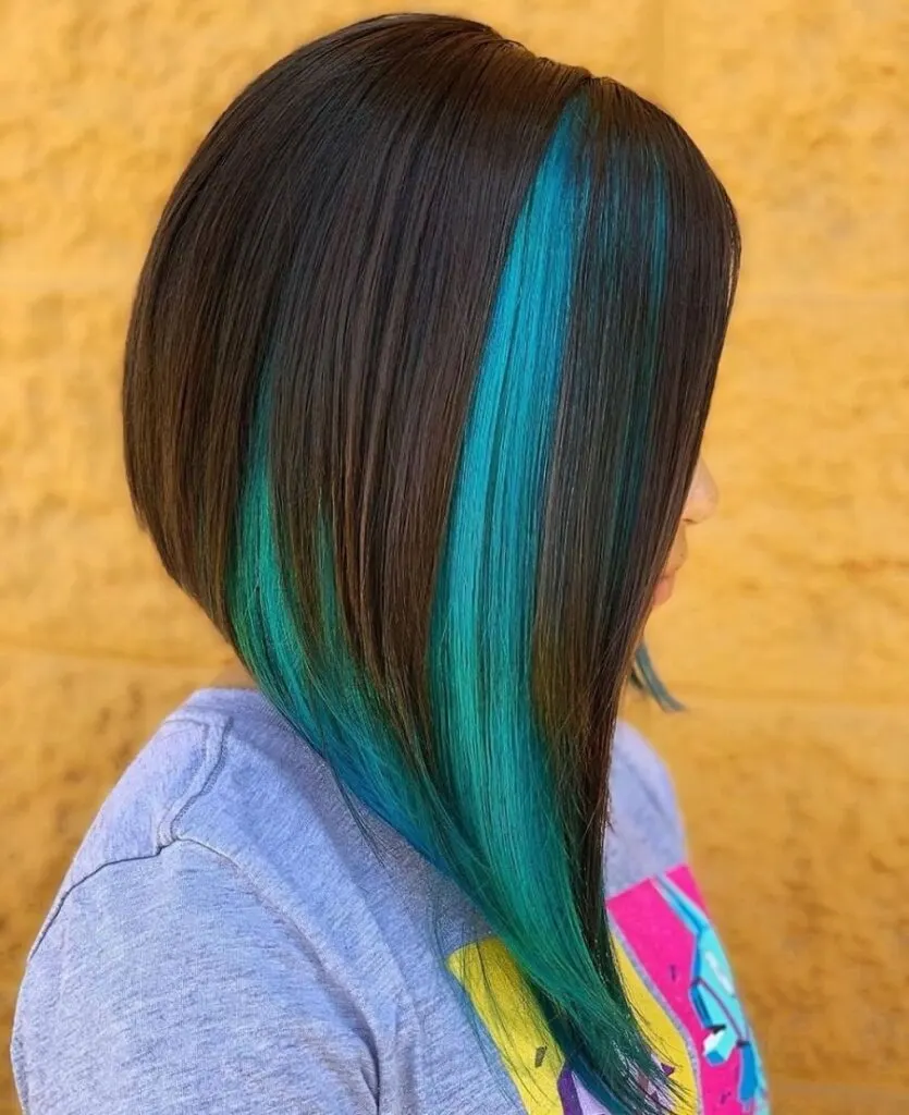 short in back and long in front black bob with blue underneath