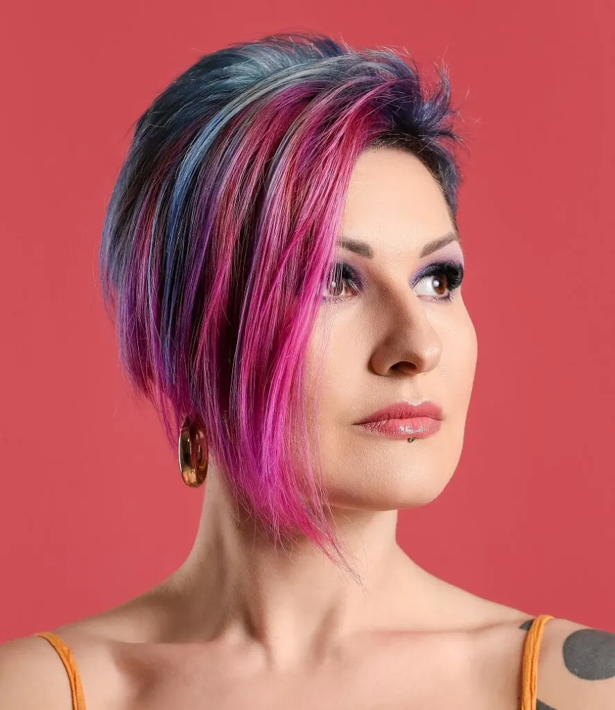 short in back and long in front colorful haircut