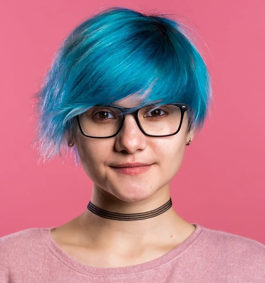 teen girl with short layered blue hair